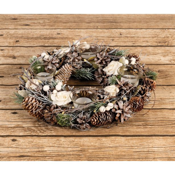 VENČEK GLOSSTYLE ADVENTNI FI 33 CM 4 KOZARČKI, VEJE IN ROŽE