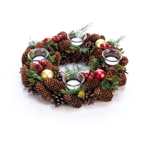 RDEČE ZLAT ADVENTNI VENEC FI 34 CM S 4 KOZARČKI