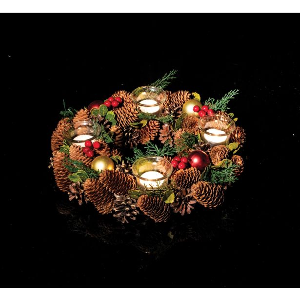 RDEČE ZLAT ADVENTNI VENEC FI 34 CM S 4 KOZARČKI