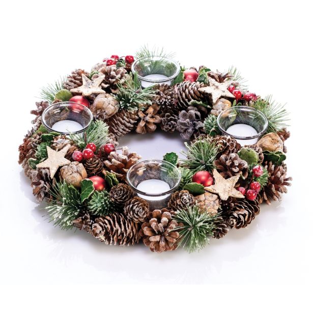 RDEČE ZLAT ZASNEŽEN ADVENTNI VENEC FI 34 CM S 4 KOZARČKI