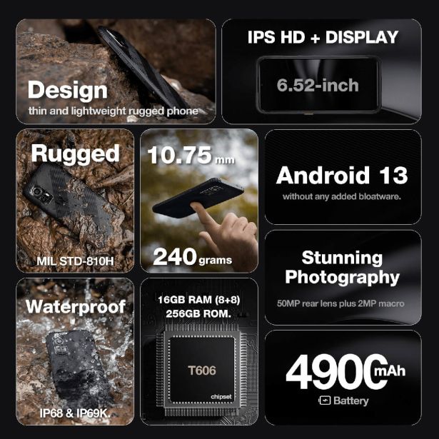 AGM ODPORNI PAMETNI TELEFON H6 4G 8+8GB/256GB DS ANDROID 13, KAMERA 50MP DUAL AI - ČRN