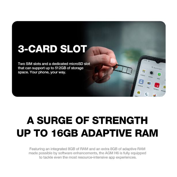 AGM ODPORNI PAMETNI TELEFON H6 4G 8+8GB/256GB DS ANDROID 13, KAMERA 50MP DUAL AI - ČRN
