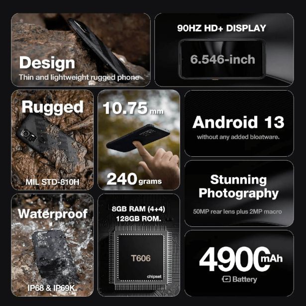 AGM ODPORNI PAMETNI TELEFON H6 LITE 4G 4+4GB/128GB DS ANDROID 13, KAMERA 50MP DUAL AI - ČRN