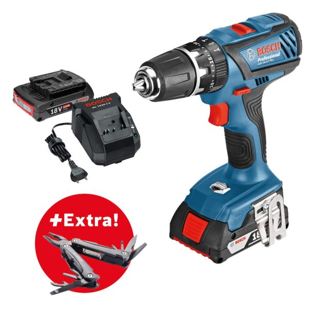AKUMULATORSKI UDARNI VRTALNI VIJAČNIK BOSCH GSB 18-2-LI PLUS + VEČNAMENSKO ORODJE 'SWISS PEAK'