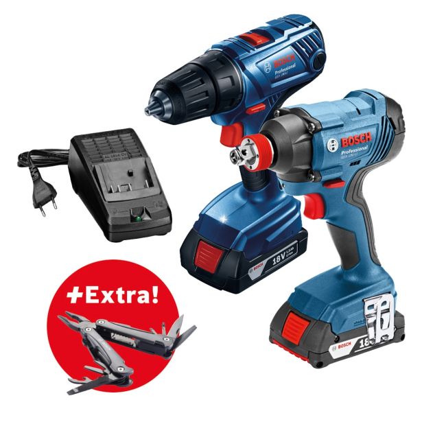 AKUMULATORSKI VRTALNI VIJAČNIK BOSCH GSR 180-LI + AKUMULATORSKI UDARNI VIJAČNIK GDX 180 LI + VEČNAMENSKO ORODJE 'SWISS PEAK'