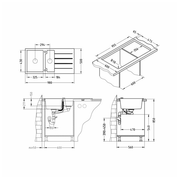 ALGRANIT POMIVALNO KORITO ALVEUS CUBO 70, A23 CREAM 980X500 MM