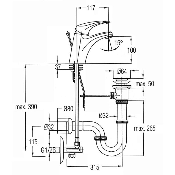 PIPA ZA UMIVALNIK UNITAS PRESTIGE, STOJEČA, KROM