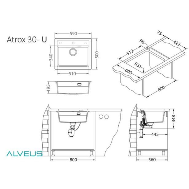 GRANITAL POMIVALNO KORITO ALVEUS ATROX 30, CONCRETE G81 590X500 MM