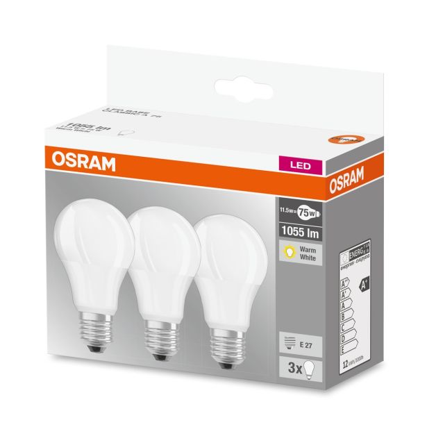 LED ŽARNICA E27 OSRAM BASE CLA75 11.5W/827 MAT 220-240V PAK/3