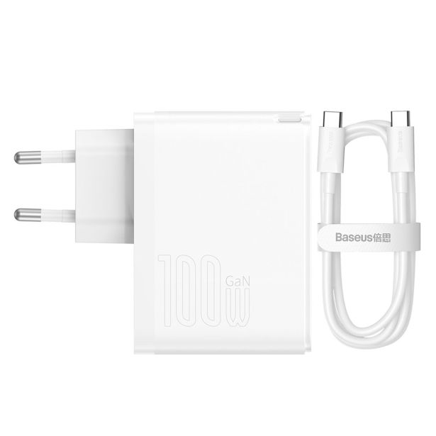 BASEUS HIŠNI POLNILEC 220V GAN 5 PRO FAST CHARGE 100W VHOD 1X USB A IN 1X TYPE C S KABLOM TYPE C - ORIGINAL (EU BLISTER) BEL