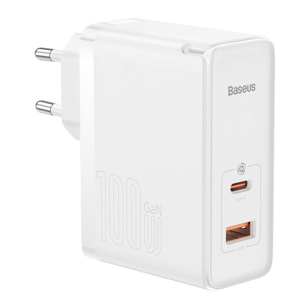 BASEUS HIŠNI POLNILEC 220V GAN 5 PRO FAST CHARGE 100W VHOD 1X USB A IN 1X TYPE C S KABLOM TYPE C - ORIGINAL (EU BLISTER) BEL