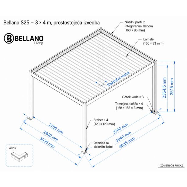 BIOKLIMATSKA PERGOLA BELLANO 3.035 X 4.035 M TEMNO SIVA
