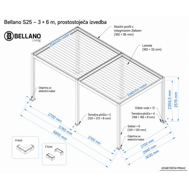 BIOKLIMATSKA PERGOLA BELLANO 3 X 6 M TEMNO SIVA