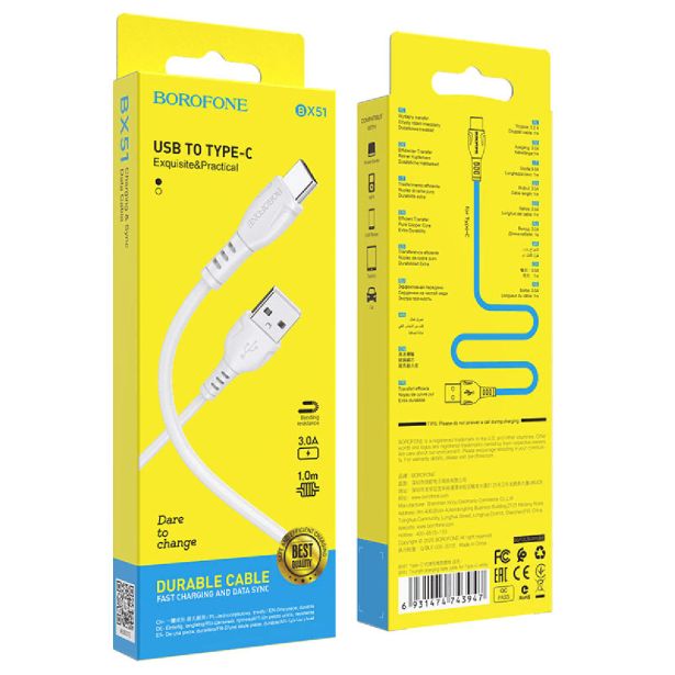 BOROFONE PODATKOVNI KABEL BX51 TYPE C NA USB 1M 3A BEL