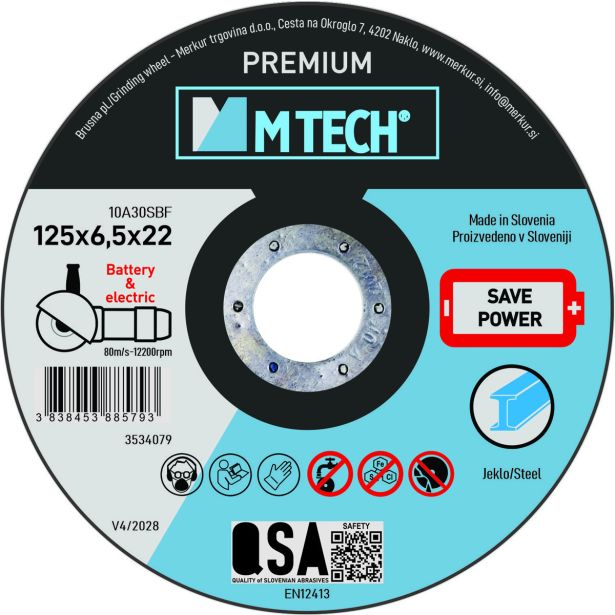 BRUSNA PLOŠČA ZA JEKLO MTECH 125X6.5X22 PREMIUM JEKLO