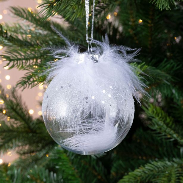 BUNKA IZ UMETNE MASE DECORIS FI 8 CM, BELA S PERJEM