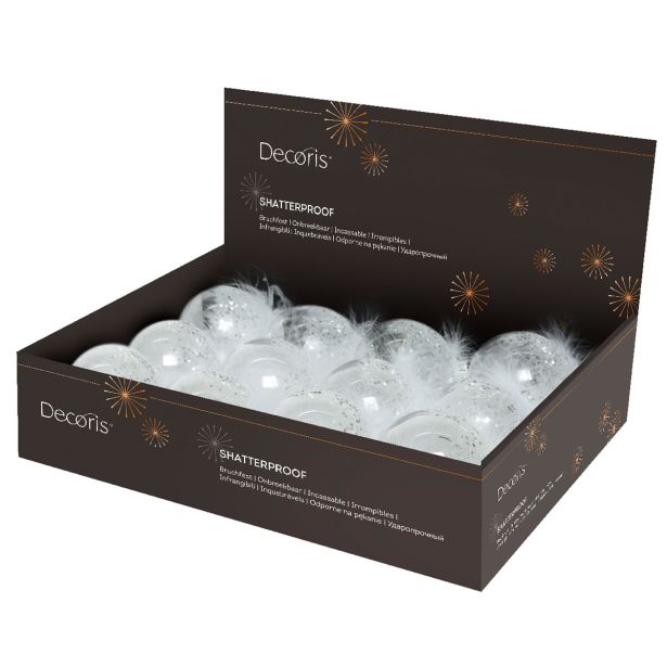 BUNKA IZ UMETNE MASE DECORIS FI 8 CM, BELA S PERJEM