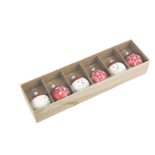 RDEČE STEKLENE BUNKE Z MOTIVOM BOŽIČKA IN SNEŽINKE, 6 KOSOV, PREMER 40 MM