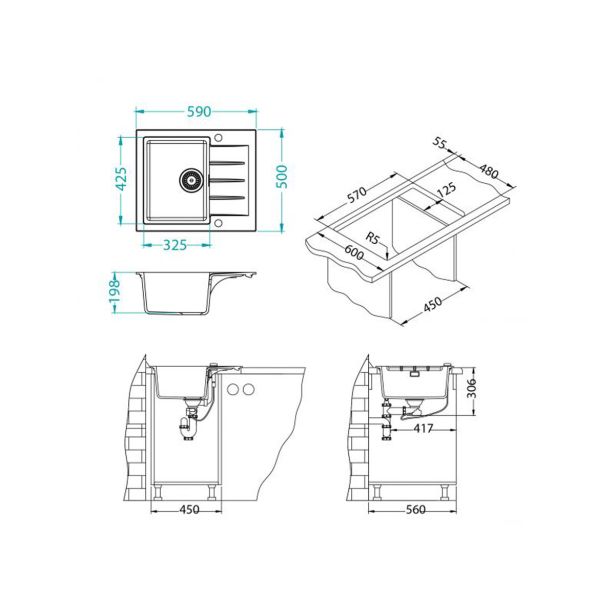 GRANITAL POMIVALNO KORITO ALVEUS CADIT 10, G11 ARCTIC 590X500 MM
