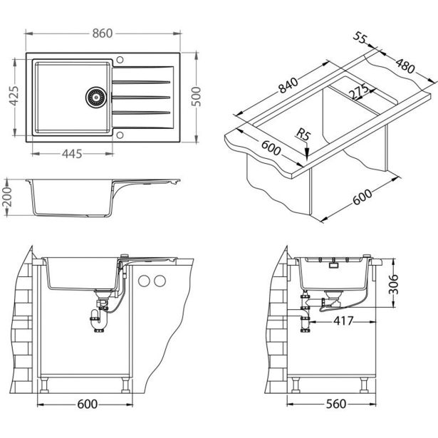 GRANITAL POMIVALNO KORITO ALVEUS CADIT 40, G89 CONCRETE 860X500 MM