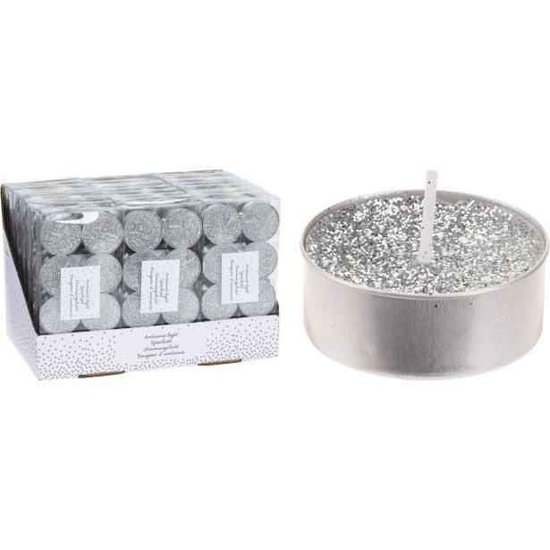 ČAJNA SVEČA EH SET 8 GLITER SREBRNIH, PREMER 3.7 CM