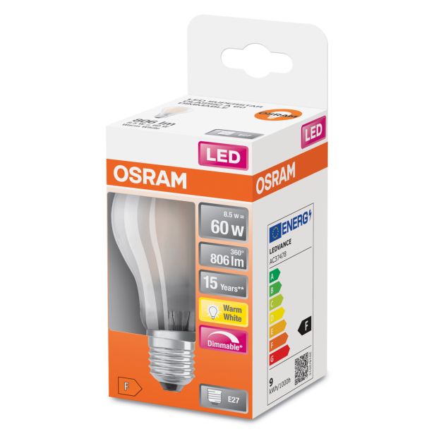 LED ŽARNICA E27 OSRAM CLA60 8.5W/827, MAT SST, DIM, RETROFIT