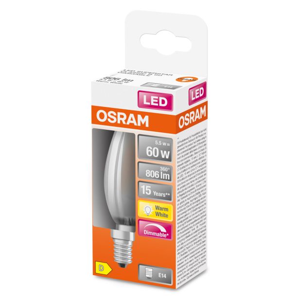 LED ŽARNICA E14 OSRAM CLB60 5.5W/827, MAT SST, DIM, RETROFIT