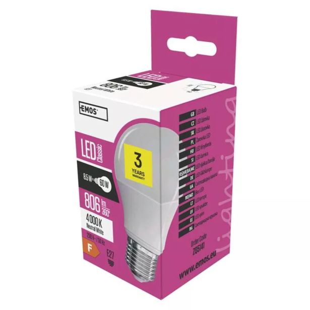 LED ŽARNICA E27 EMOS CLS A60 8.5W NW
