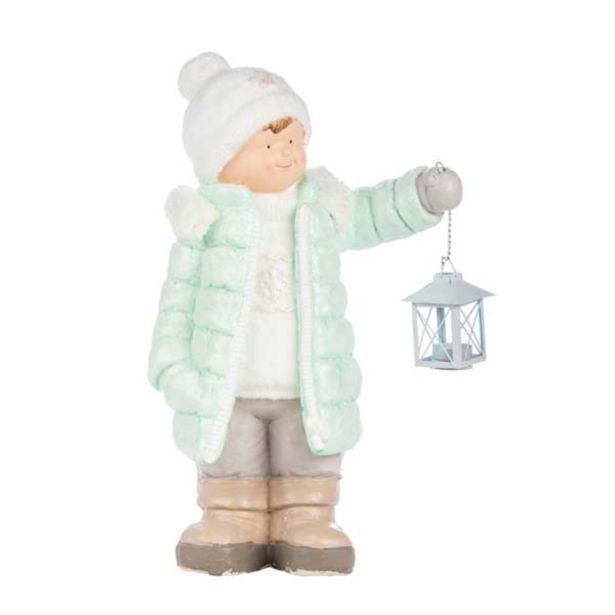 PRAZNIČNA FIGURA GLOSSTYLE DEČEK Z LANTERNO 54 CM ZA ČAJNO SVEČKO ZELENI