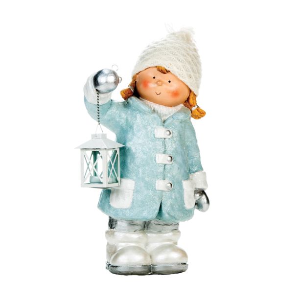 PRAZNIČNA FIGURA GLOSSTYLE DEKLICA Z LANTERNO 47 CM ZA ČAJNO SVEČKO MODRA