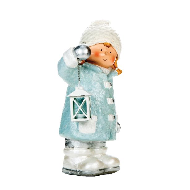 PRAZNIČNA FIGURA GLOSSTYLE DEKLICA Z LANTERNO 47 CM ZA ČAJNO SVEČKO MODRA