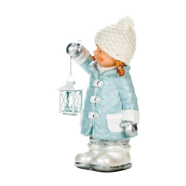 PRAZNIČNA FIGURA GLOSSTYLE DEKLICA Z LANTERNO 47 CM ZA ČAJNO SVEČKO MODRA