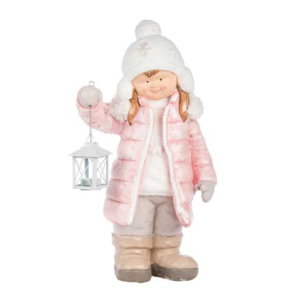 PRAZNIČNA FIGURA GLOSSTYLE DEKLICA Z LANTERNO 54 CM ZA ČAJNO SVEČKO ROZA