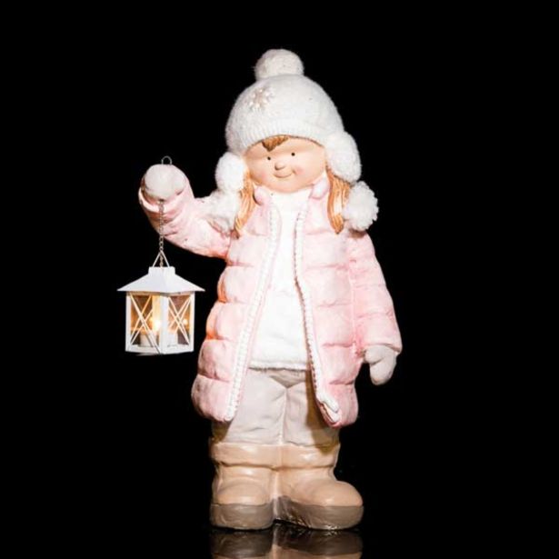 PRAZNIČNA FIGURA GLOSSTYLE DEKLICA Z LANTERNO 54 CM ZA ČAJNO SVEČKO ROZA