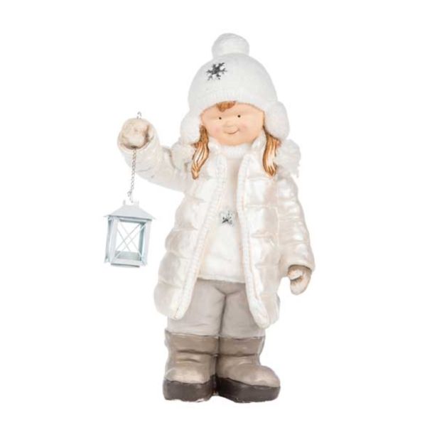 PRAZNIČNA FIGURA GLOSSTYLE DEKLICA Z LANTERNO 54 CM ZA ČAJNO SVEČKO SREBRNA