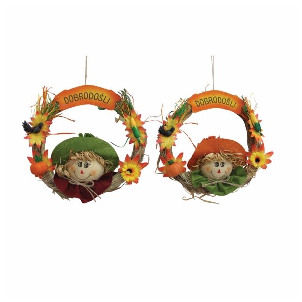 DEKOR.ZA NOČ ČAROVNIC GLOSSTYLE VENEC SLAMNATI FI 30 CM S FIGURO IN NAPISOM