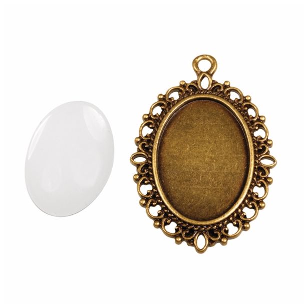 DODATKI, ORODJE ZA NAKIT RAYHER MEDALJON + STEKLO, DEKOR 2.9X3.7CM, STARO ZLATO
