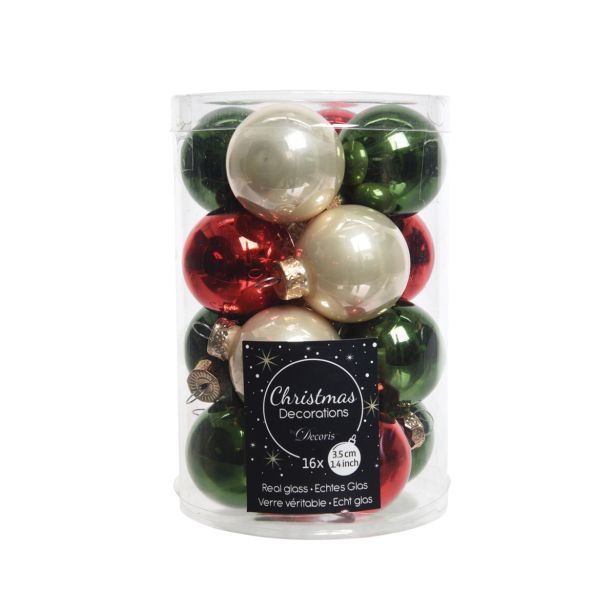 STEKLENE BUNKE V BELI/RDEČI/ZELENI KOMBINACIJI, 16 KOSOV, PREMER 35 MM