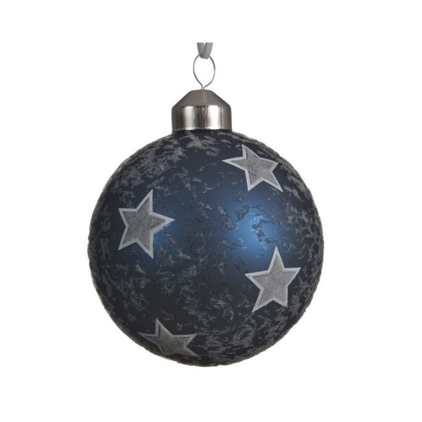 STEKLENA BUNKA V MODRI BARVI Z ZVEZDICAMI, PREMER 80 MM