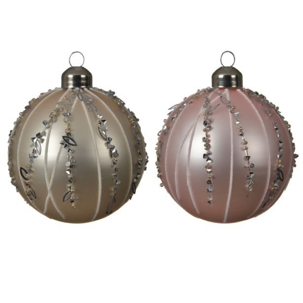 STEKLENE BUNKE V PERLA/ROZA BARVI Z DEKORJEM, 3 KOSI, PREMER 80 MM