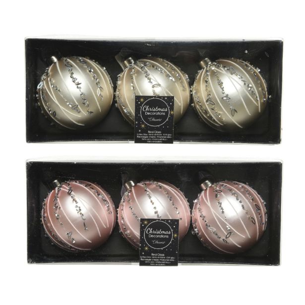 STEKLENE BUNKE V PERLA/ROZA BARVI Z DEKORJEM, 3 KOSI, PREMER 80 MM