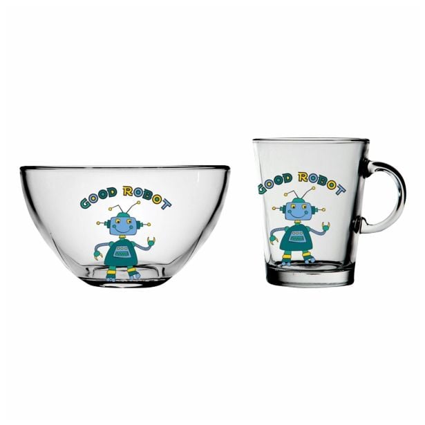 GARNITURA SKODELIC STEKLARNA HRASTNIK OTROŠKI SET HAPPY KIDS GOOD ROBOT 2/1