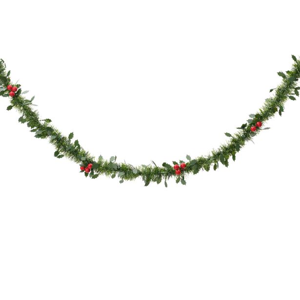 GIRLANDA DECORIS ZELENA, FI 10 CM, 270 CM Z LISTI IN JAGODAMI