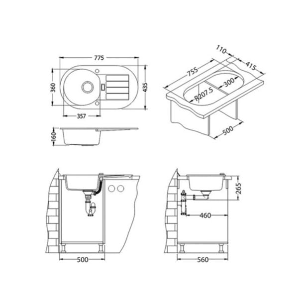 GRANITAL POMIVALNO KORITO ALVEUS NIAGARA 40, CARBON-G91 775X435 MM