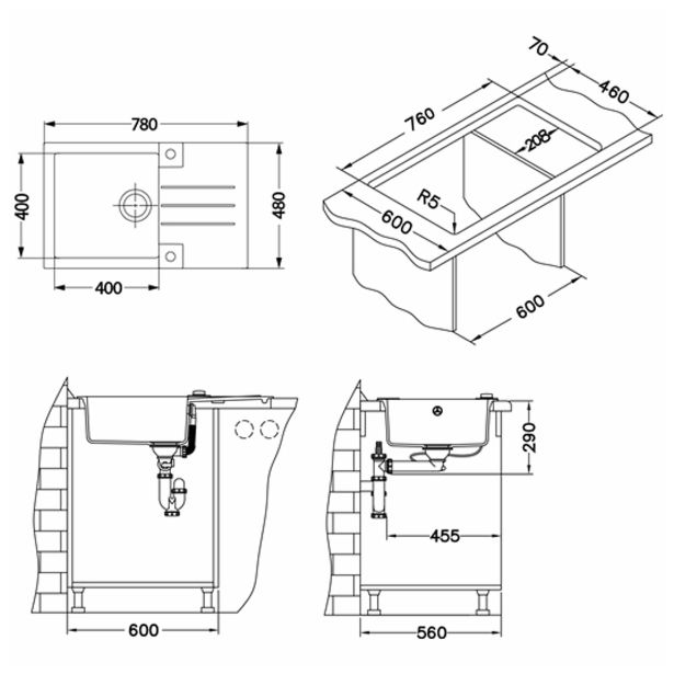 GRANITAL POMIVALNO KORITO ALVEUS ROCK 130, G53 OAT 780X480 MM