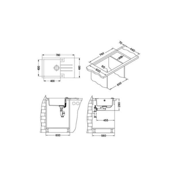 GRANITAL POMIVALNO KORITO ALVEUS ROCK 130, G81 CONCRETE 780X480 MM