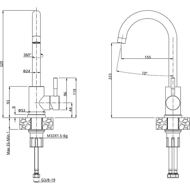 GRANITAL POMIVALNO KORITO QUADRON BEN 116 + KATE ČRN SET Z ARMATURO