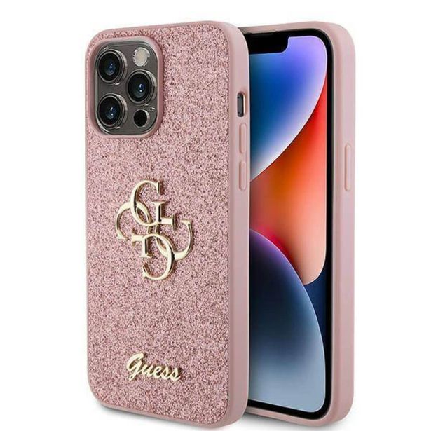 SILIKONSKI OVITEK ZA IPHONE 15 PRO MAX - GUESS ROZA Z BLEŠČICAMI IN ZLATIM LOGOM
