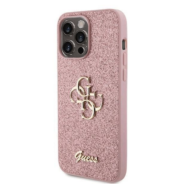 SILIKONSKI OVITEK ZA IPHONE 15 PRO MAX - GUESS ROZA Z BLEŠČICAMI IN ZLATIM LOGOM