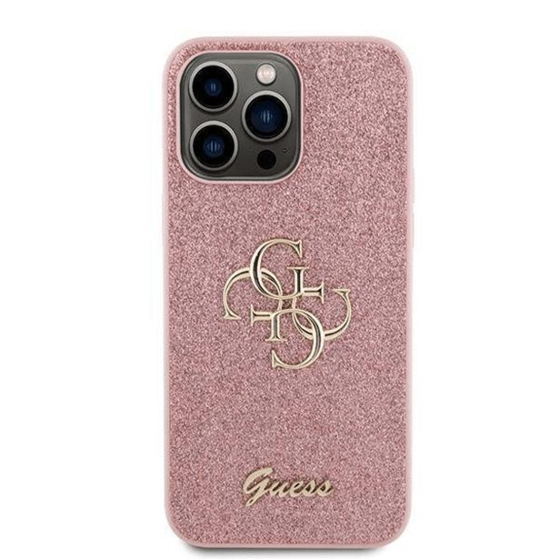 SILIKONSKI OVITEK ZA IPHONE 15 PRO MAX - GUESS ROZA Z BLEŠČICAMI IN ZLATIM LOGOM